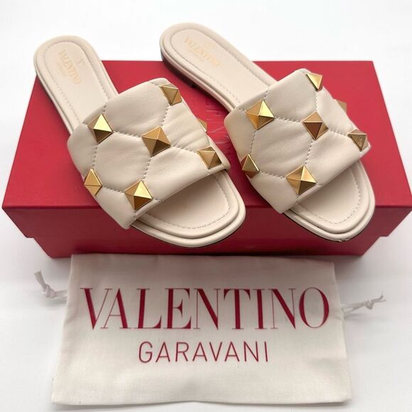 Valentino Garavani Shoes - Valentino Garavani Roman Stud Flat Sandals  White Leather Studded Slides EU 38.5